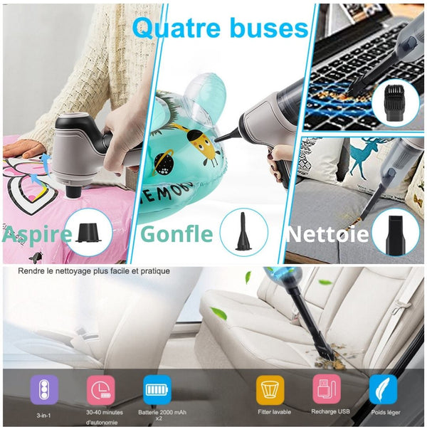 Mini Aspirateur Gonfleur portable 2en1 - 50w Autonomie 4000mAh (+30min)